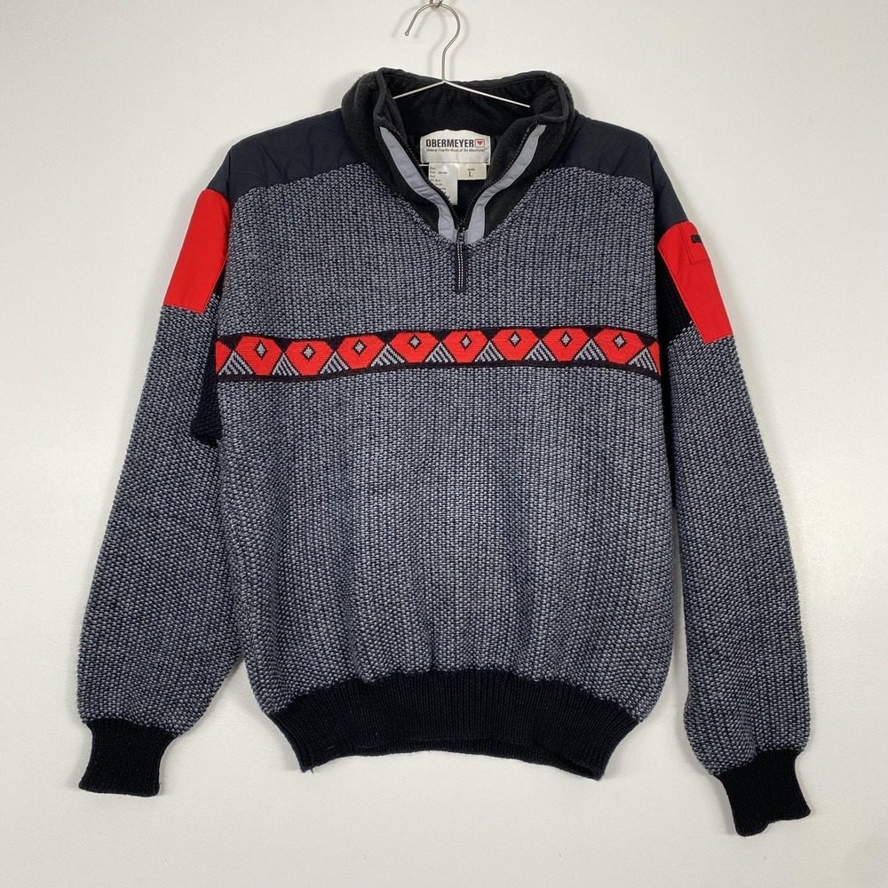 Vintage‎ Obermeyer Sweater Mens Large Gray Whistler 1/4 Zip Ski Pullover Knit